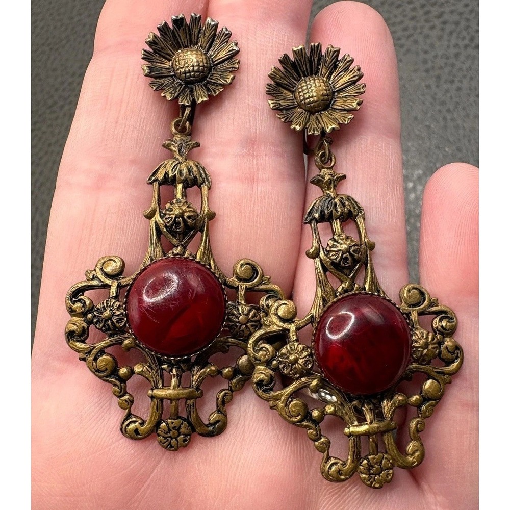 Vintage Czech Art Nouveau Deco Glass Cabochon Flower Dangle Earrings Brass Tone - Picture 2 of 10